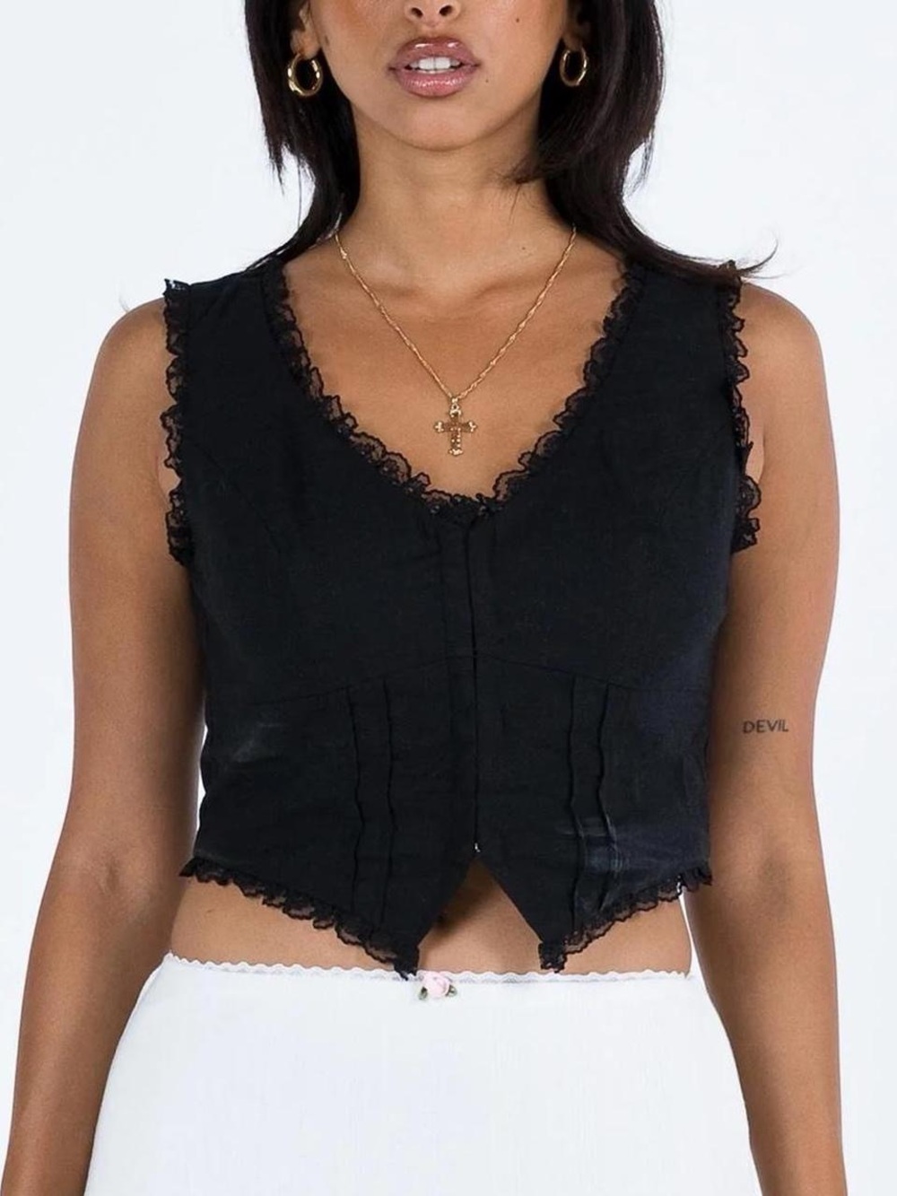 Princess Polly Black Lace-Trim V-Neck Cropped Tank